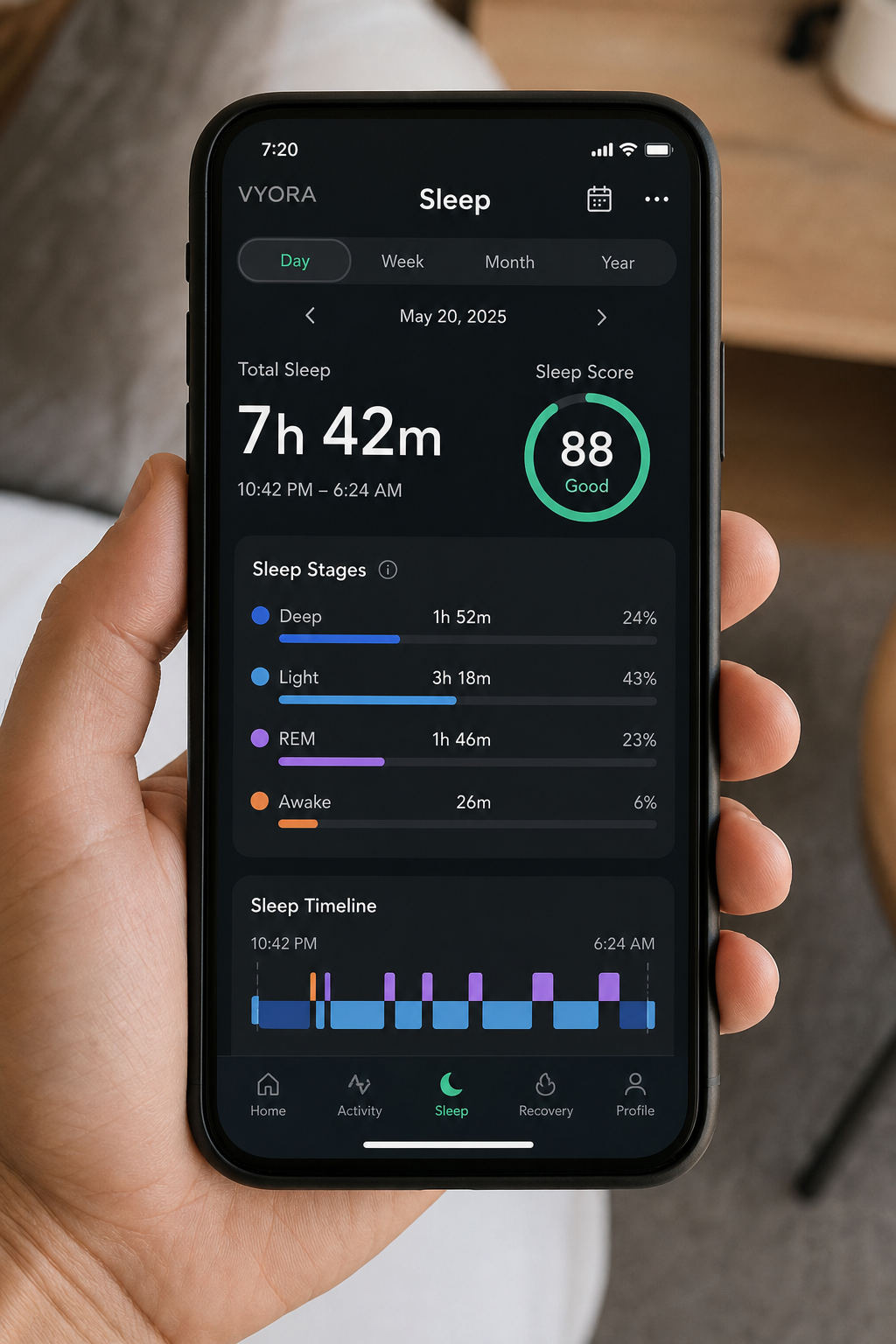VYORA Sleep app showing 7h 42m and score 88