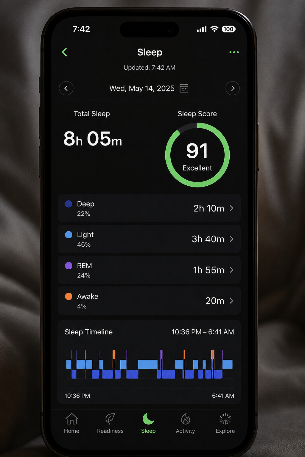 VYORA Sleep app showing 8h 05m and score 91