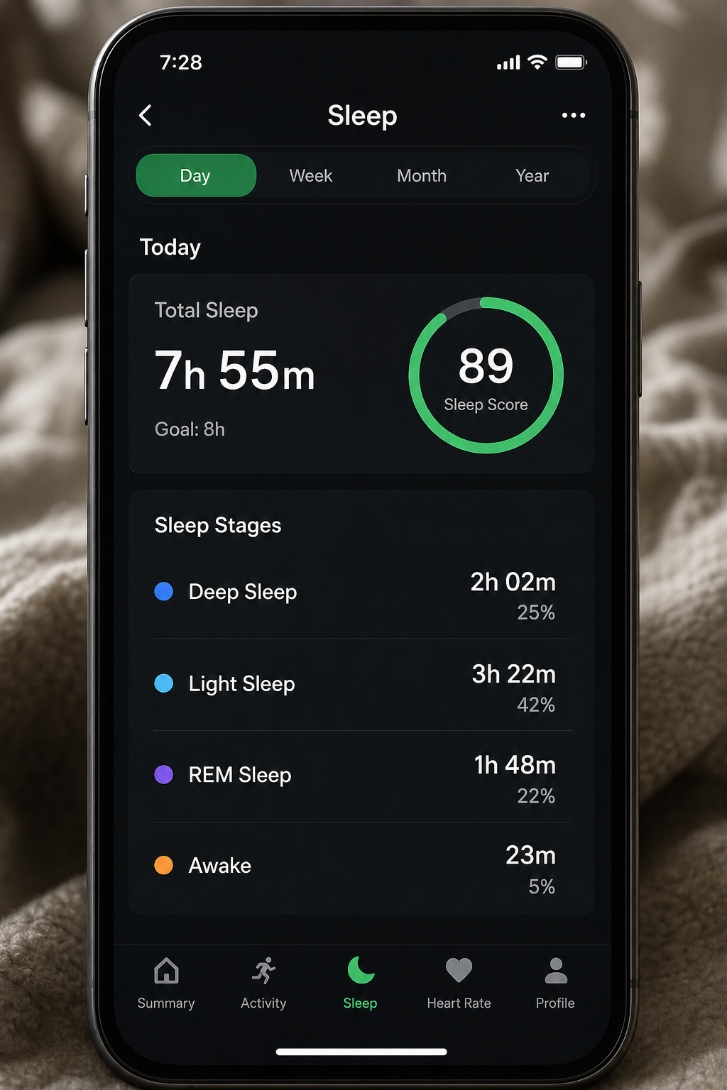 VYORA Sleep app showing 7h 55m and score 89