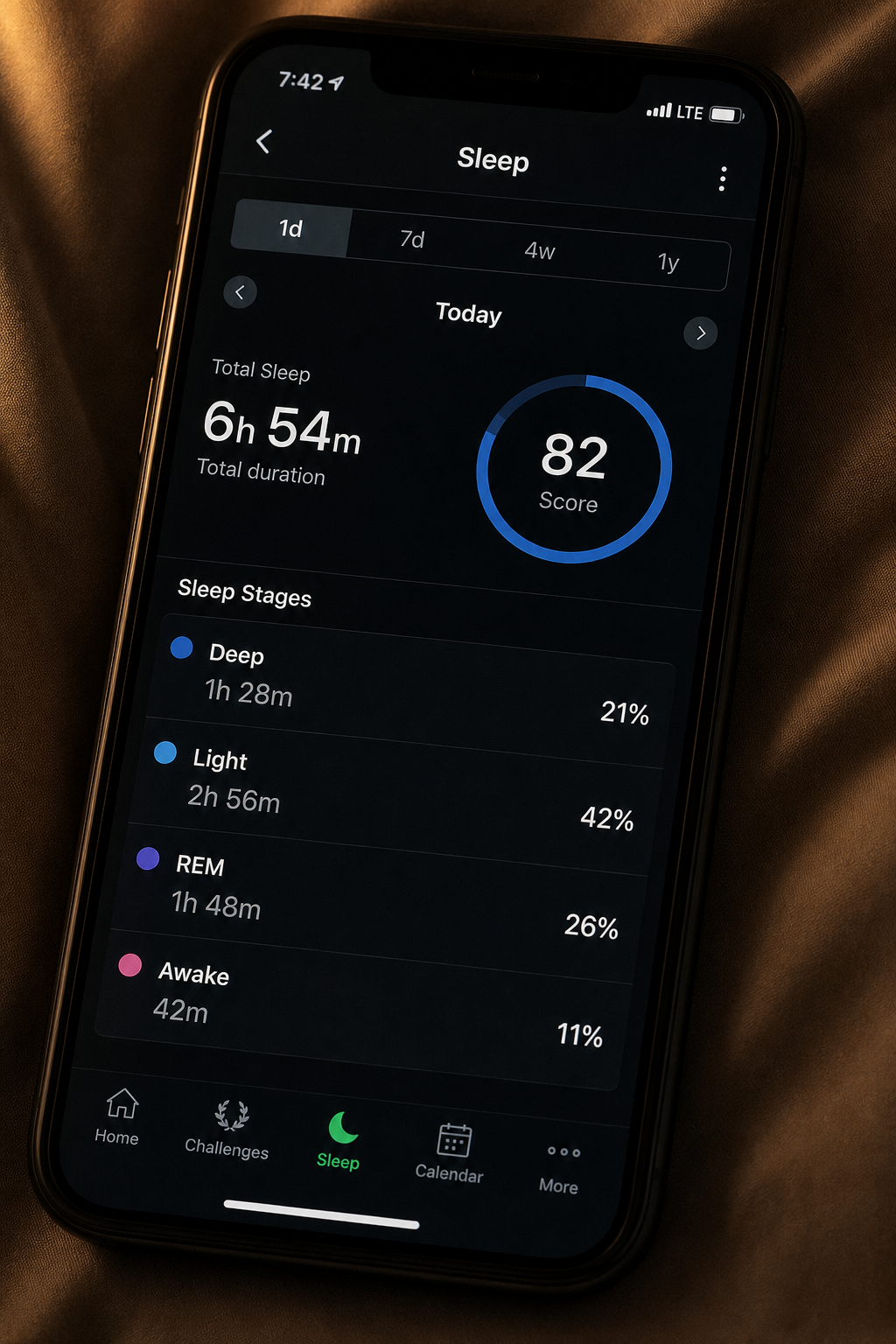 VYORA Sleep app showing 6h 54m and score 82