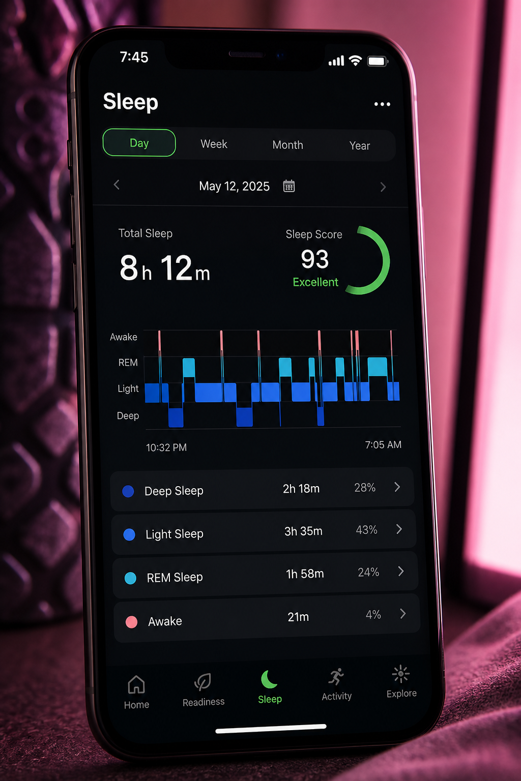VYORA Sleep app showing 8h 12m and score 93