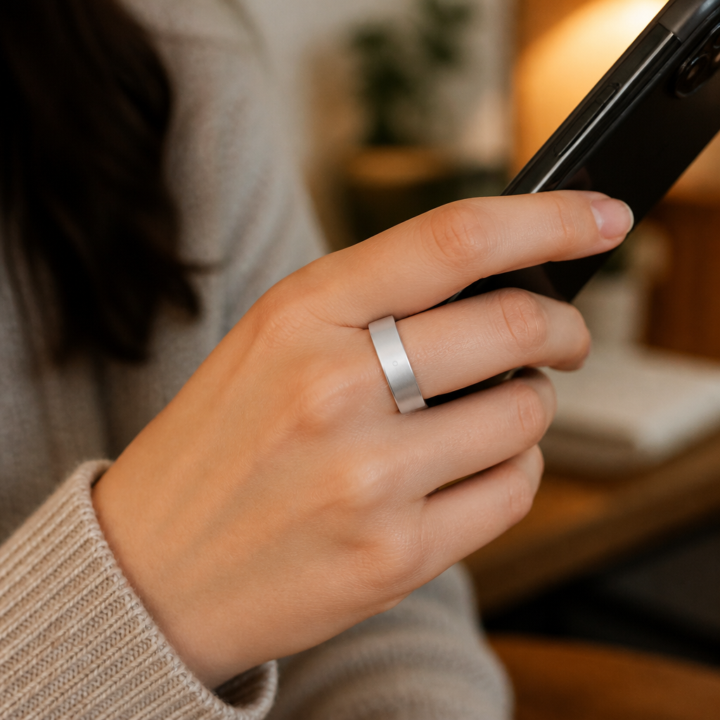 Maya checking phone with VYORA ring